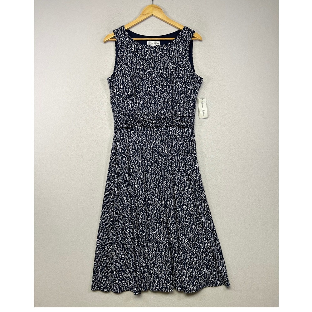Cottagecore NWT Laura Jeffries Womens 12 Navy Blue Floral Vine Midi A-Line Dress